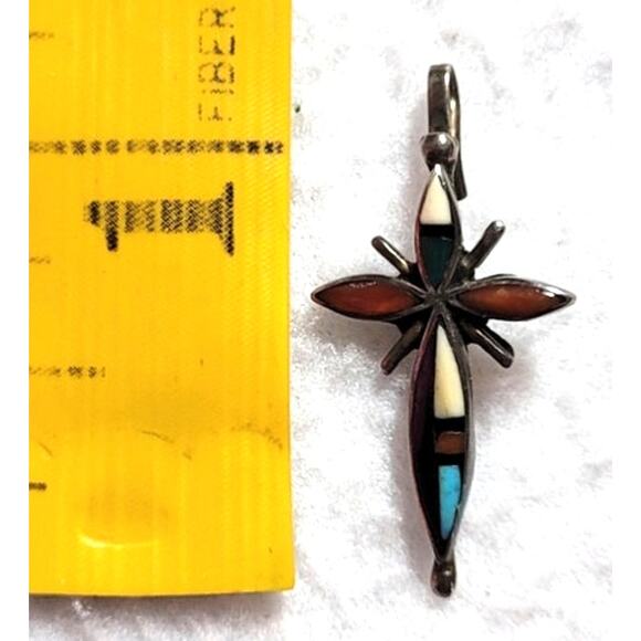 Small Sterling Silver 925 Signed Initials Zuni Cross Pendant Small Hook Bail - Picture 6 of 9